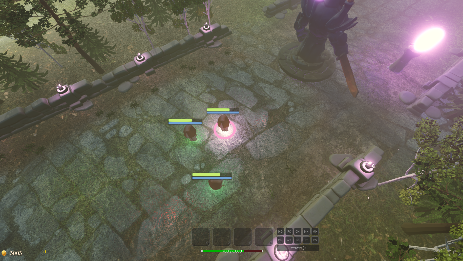 MOBA lane encounter — squad faces turrets and a towering champion boss with violet energy